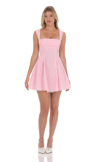 Embroidered Strap Fit and Flare Dress in Pink