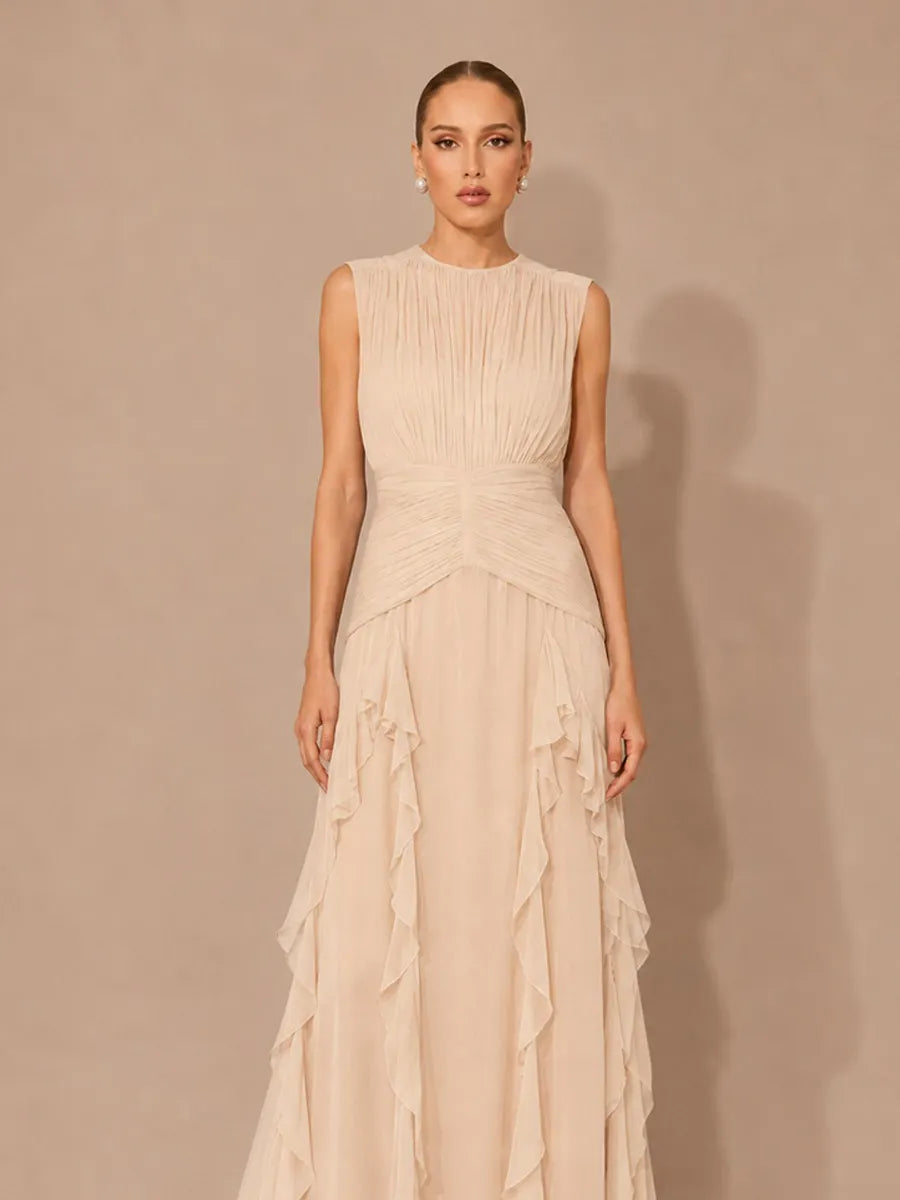 Maelle Elegant Sleeveless Pleated Chiffon Maxi Dress