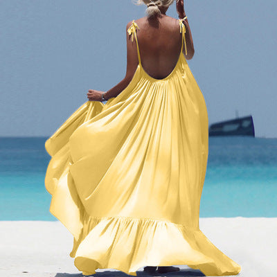 Slip Beach Skirt Women'S Loose Solid Color Fashion Strap Open Back Swing Long Skirt Woman