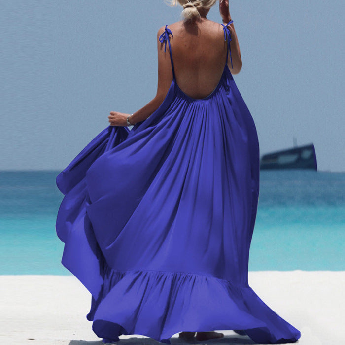 Slip Beach Skirt Women'S Loose Solid Color Fashion Strap Open Back Swing Long Skirt Woman