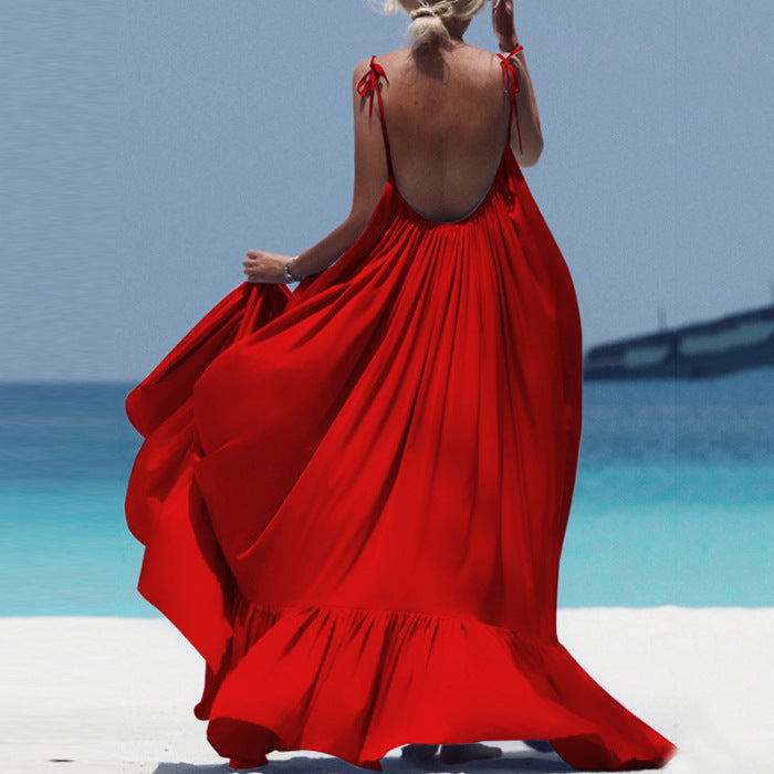 Slip Beach Skirt Women'S Loose Solid Color Fashion Strap Open Back Swing Long Skirt Woman