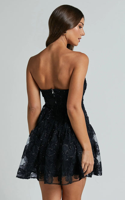 Marzy Mini Dress - Strapless Floral Detail Lace Fit And Flare Dress In Black