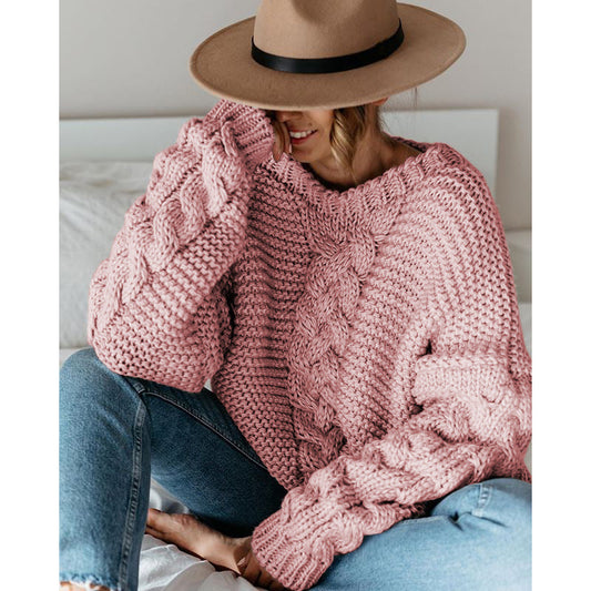 Autumn And Winter Popular Solid Pullover V-Neck Fried Dough Twists Loose Sweater Casual Knitwear Women
