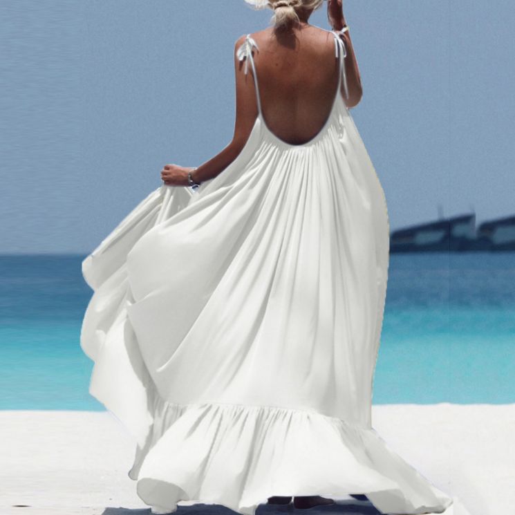Slip Beach Skirt Women'S Loose Solid Color Fashion Strap Open Back Swing Long Skirt Woman