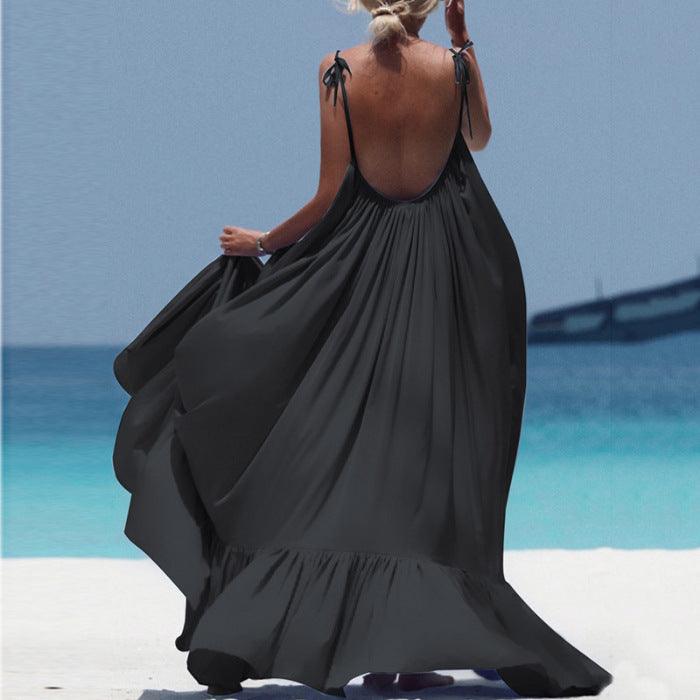 Slip Beach Skirt Women'S Loose Solid Color Fashion Strap Open Back Swing Long Skirt Woman