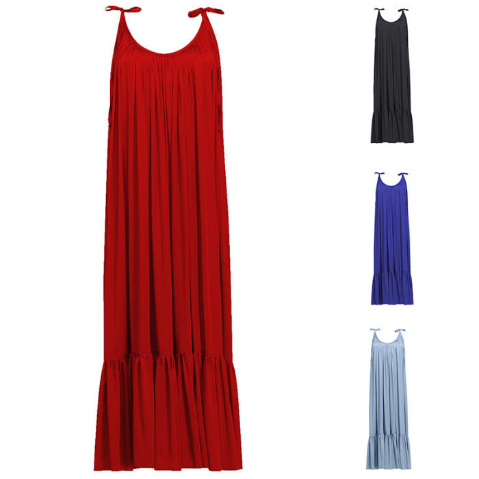 Slip Beach Skirt Women'S Loose Solid Color Fashion Strap Open Back Swing Long Skirt Woman