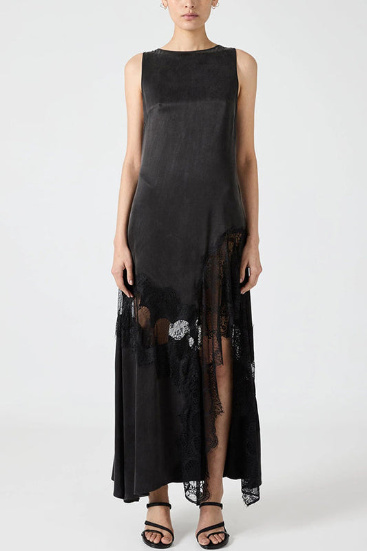 Pretty Soul Satin Lace Trim Wide Neck Irregular Hem Slit Maxi Dress