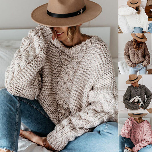 Autumn And Winter Popular Solid Pullover V-Neck Fried Dough Twists Loose Sweater Casual Knitwear Women