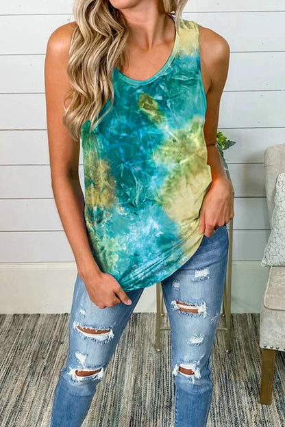 Spring Hand Tie-Dyed Colorful Explosive Tops Round Neck Sleeveless Tie-Dyed Kink Casual Women'S Tops