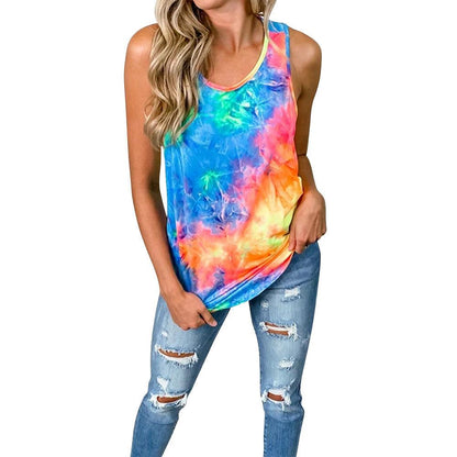Spring Hand Tie-Dyed Colorful Explosive Tops Round Neck Sleeveless Tie-Dyed Kink Casual Women'S Tops