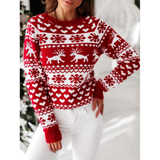 Knitted Sweater Women Christmas Elk Long-Sleeved Knitted Sweater