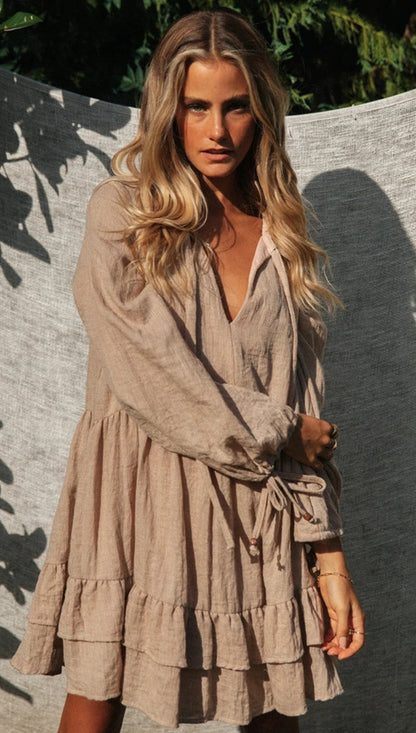 Stylish V-Neck Tie-Up Balloon Sleeve Dress