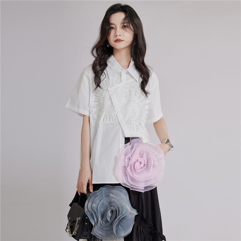 Heavy Duty Embroidered Asymmetric Lapel Short Sleeve Shirt