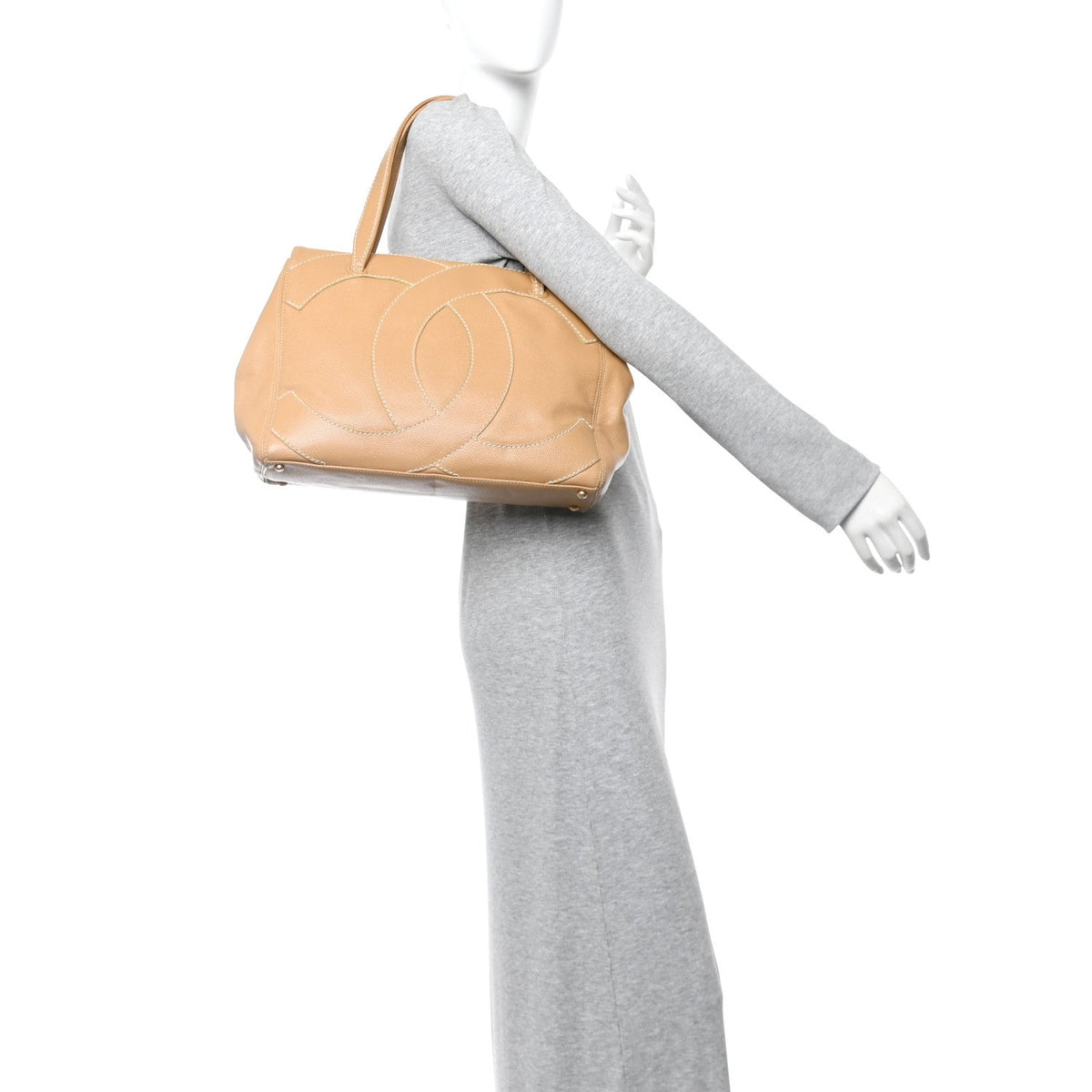 Caviar CC Stitched Medium Tote Beige
