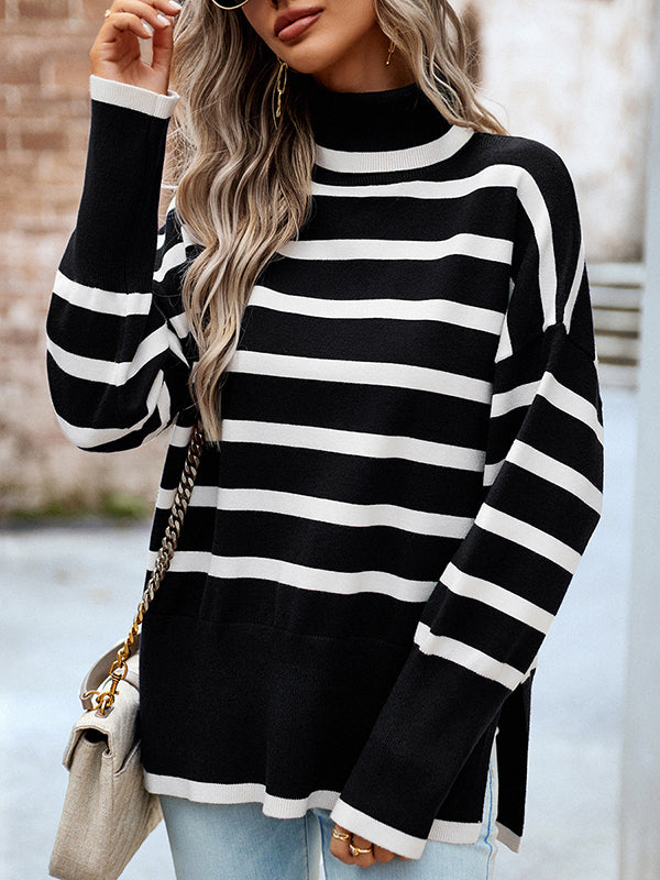 Loose Wrap Contrast Color Split-Side Striped High-Neck Sweater Tops