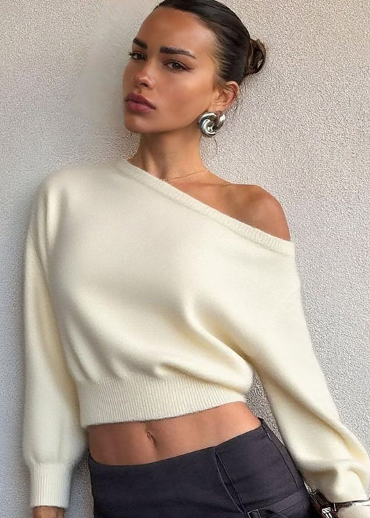 Off Shoulder Cropped Knit Sweater Soft Fabric