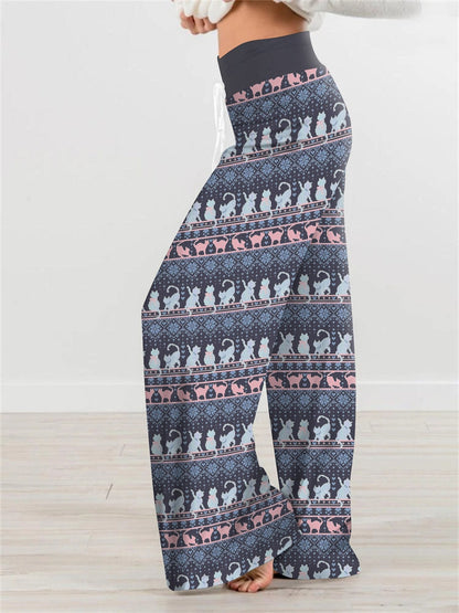 Stripe Fashion Woman Digital Printing Loose Casual Flower Pattern Pants Wide Leg Yoga Pants 678