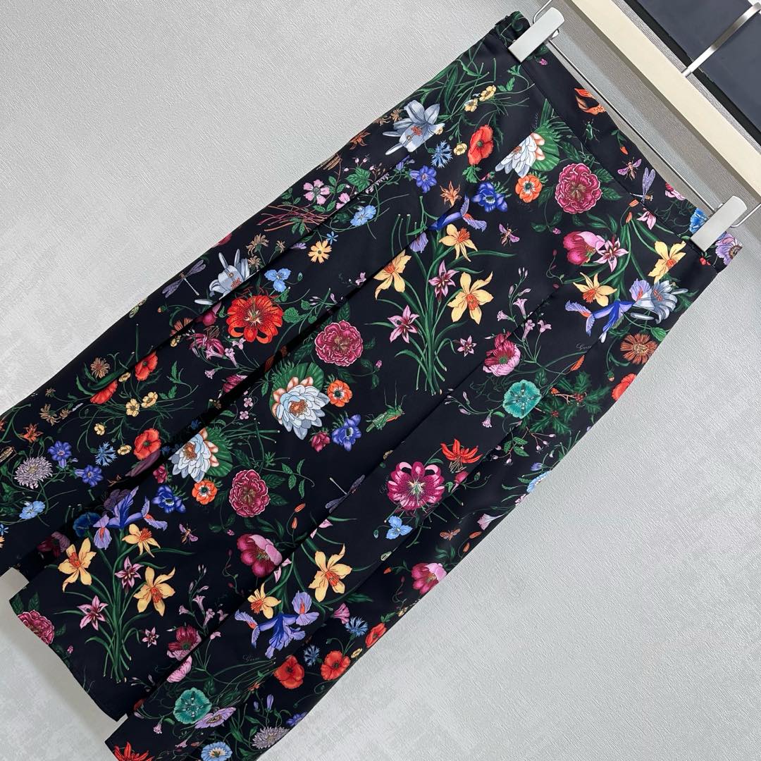 GG SS26 Flora Printed Pleated Midi Skirt Black Multicolor Silk 351778