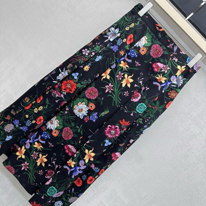 GG SS26 Flora Printed Pleated Midi Skirt Black Multicolor Silk 351778