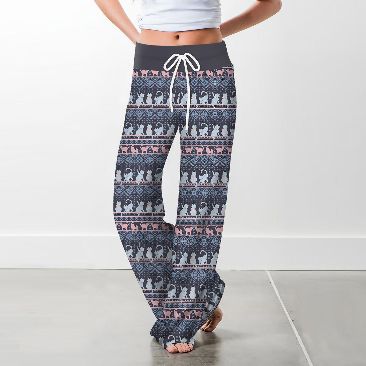 Stripe Fashion Woman Digital Printing Loose Casual Flower Pattern Pants Wide Leg Yoga Pants 678
