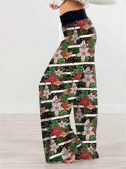 Stripe Fashion Woman Digital Printing Loose Casual Flower Pattern Pants Wide Leg Yoga Pants 678