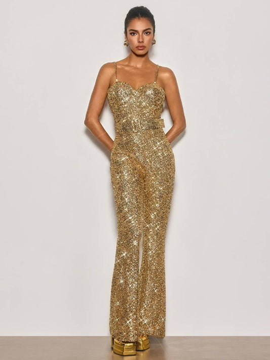 Sarah Spaghetti Sequin Flared Jumpsuit