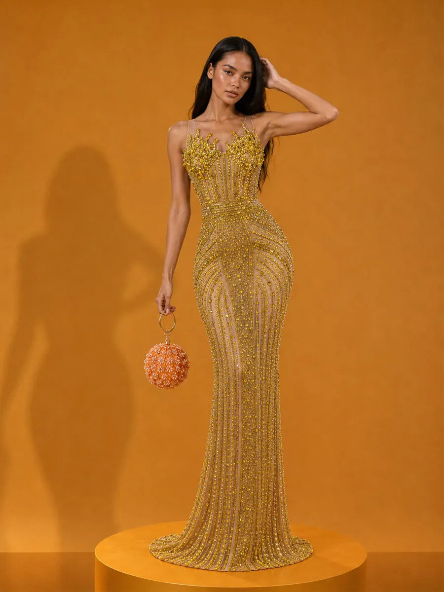 Jocelyn Elegant Strapless Sparkling Rhinestone Maxi Dress