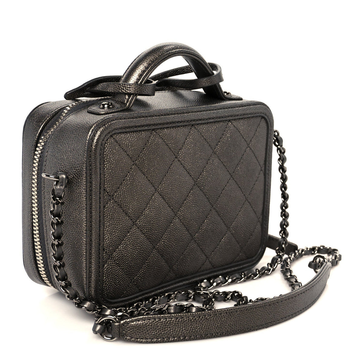 Metallic Caviar Quilted Small CC Filigree Vanity Case Dark Silver