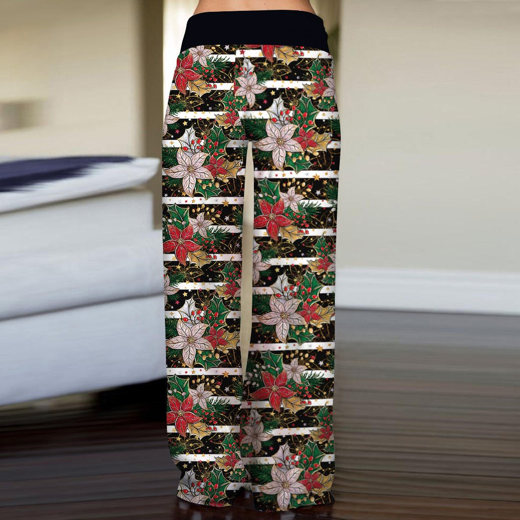 Stripe Fashion Woman Digital Printing Loose Casual Flower Pattern Pants Wide Leg Yoga Pants 678