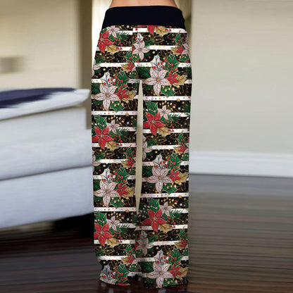 Stripe Fashion Woman Digital Printing Loose Casual Flower Pattern Pants Wide Leg Yoga Pants 678