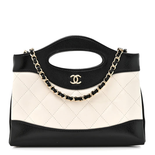 Shiny Crumpled Calfskin Quilted Nano 31 Shopping Bag White Black