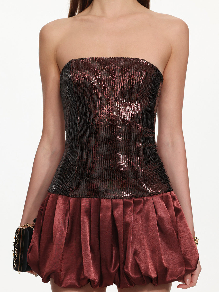 Hadassah Glamorous Contour Strapless Sequin Puffy Mini Dress