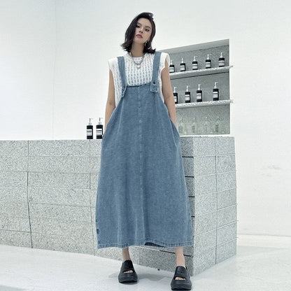 Cotton Polyester Denim Pinafore Dress Loose Paneled