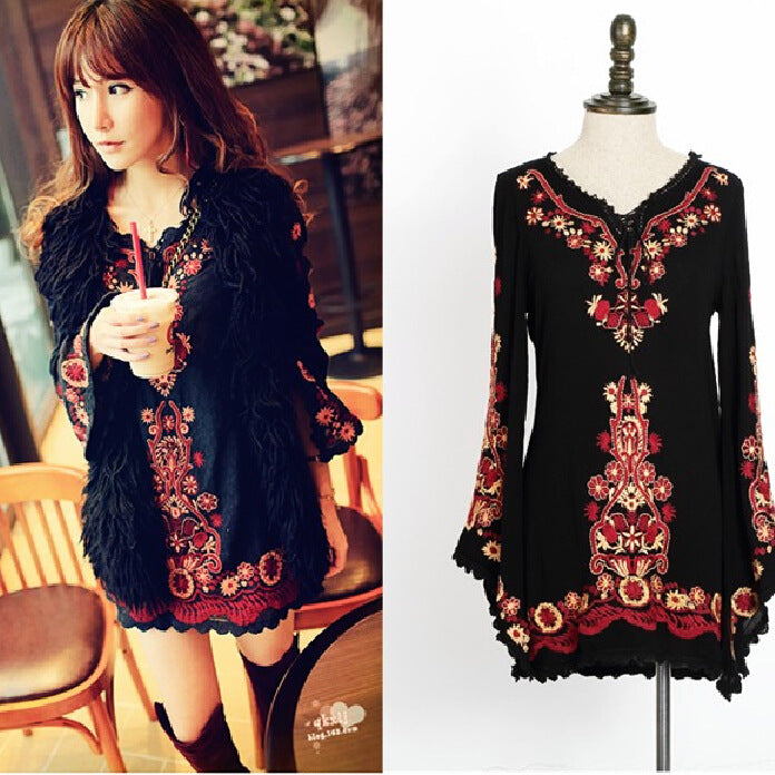 New National Style Embroidered Trumpet Sleeve Short Skirt Cotton Linen Dress