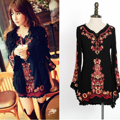 New National Style Embroidered Trumpet Sleeve Short Skirt Cotton Linen Dress