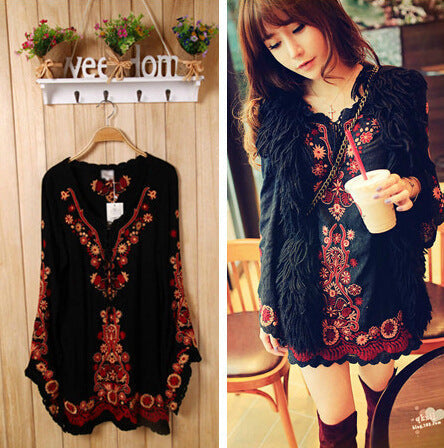 New National Style Embroidered Trumpet Sleeve Short Skirt Cotton Linen Dress