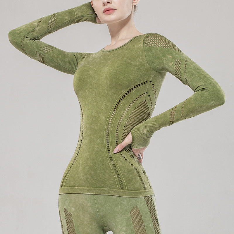 Solid Color Seamless Washing Sports And Leisure Long-Sleeved Shirt Openwork Tight Printed Yoga Clothes Top