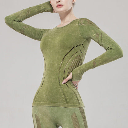 Solid Color Seamless Washing Sports And Leisure Long-Sleeved Shirt Openwork Tight Printed Yoga Clothes Top