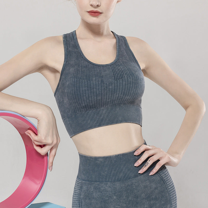 Solid Color Seamless Sports Bra High Elastic Jacquard Print Washed Sleeveless Open Navel Vest Tight Sports Yoga Top For Women
