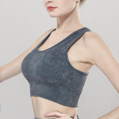 Solid Color Seamless Sports Bra High Elastic Jacquard Print Washed Sleeveless Open Navel Vest Tight Sports Yoga Top For Women