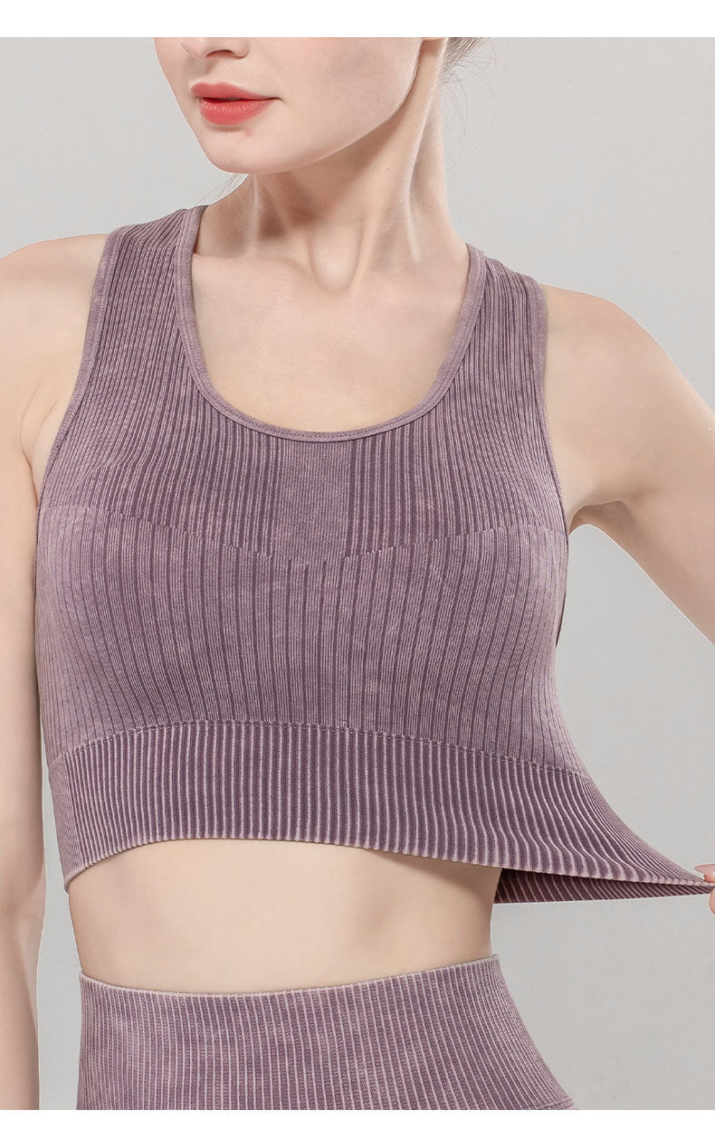 Solid Color Seamless Sports Bra High Elastic Jacquard Print Washed Sleeveless Open Navel Vest Tight Sports Yoga Top For Women