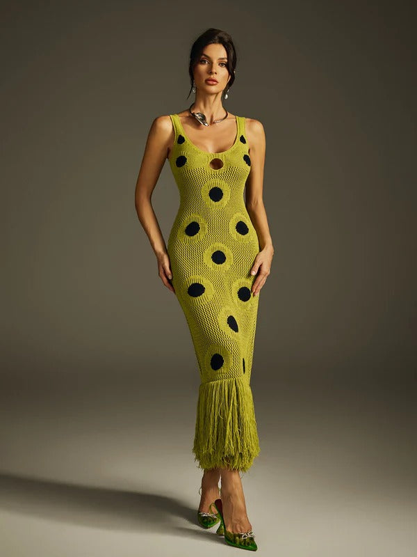 Gaelion Dot Fringe Knitted Midi Dress