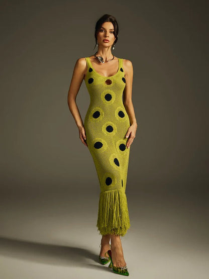 Gaelion Dot Fringe Knitted Midi Dress
