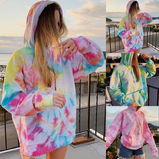 Women'S New Loose Hooded Tie-Dye Printed Casual Sweater Coat Jacket