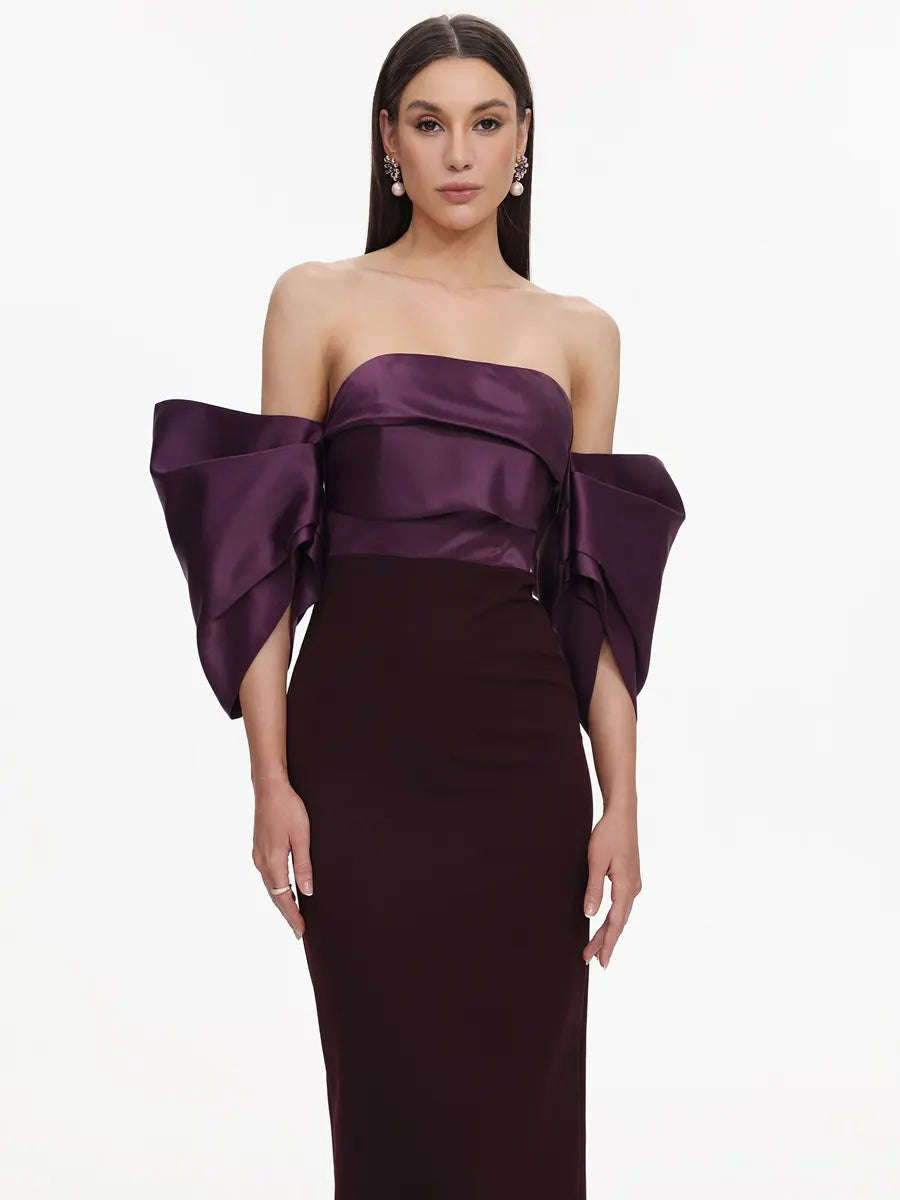 Kira Elegant Tailored Off Shoulder Pleated Satin Maxi Dress
