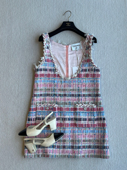 CC 25SS V-neck Vest Dress with Hand-Woven Tassel Ribbons Colorful 277225