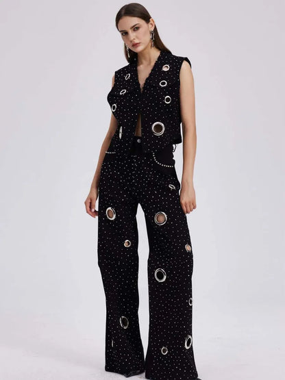 Liana Embellished Cutout Denim Pants Set
