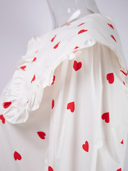 Loose Contrast Color Doll Collar Heart Print Blouses&Shirts Tops