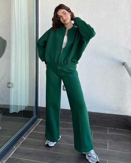 Zip Up Cardigan And Wide Leg Cotton Trousers Set