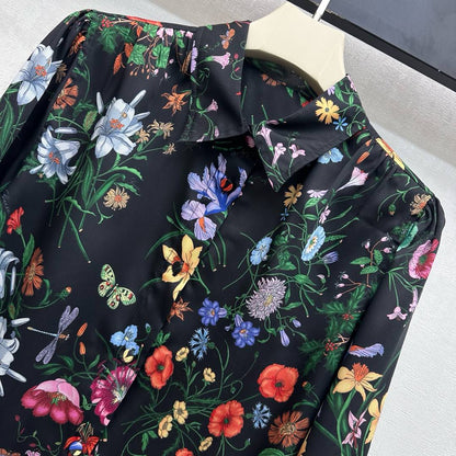 GG SS26 Flora Printed Collared Shirt Black Multicolor Silk 351779